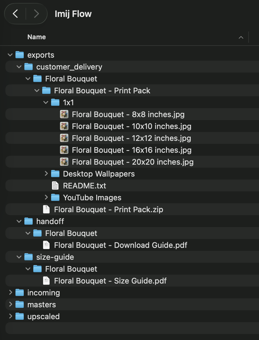 Imij Flow — organised output folder structure in Finder